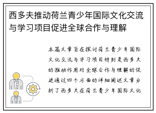西多夫推动荷兰青少年国际文化交流与学习项目促进全球合作与理解